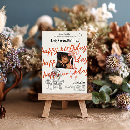 Chic Birthday Party Invitation with Photo – Cute Retro Doodle Style, Polaroid & Bows