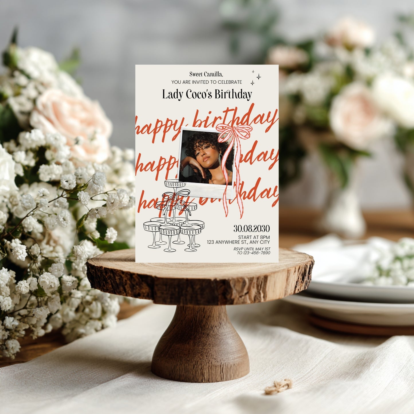 Chic Birthday Party Invitation with Photo – Cute Retro Doodle Style, Polaroid & Bows