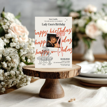 Chic Birthday Party Invitation with Photo – Cute Retro Doodle Style, Polaroid & Bows