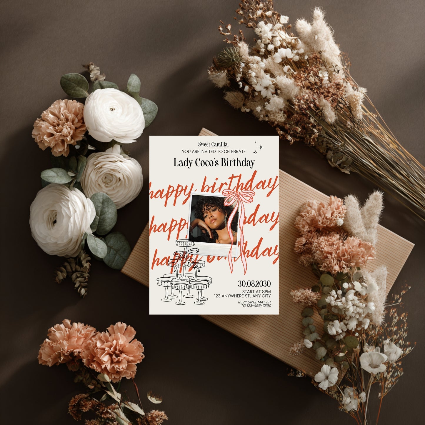Chic Birthday Party Invitation with Photo – Cute Retro Doodle Style, Polaroid & Bows