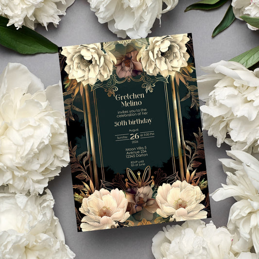 Vintage Floral Art Deco Birthday Invitation with Roses and Gold Frame