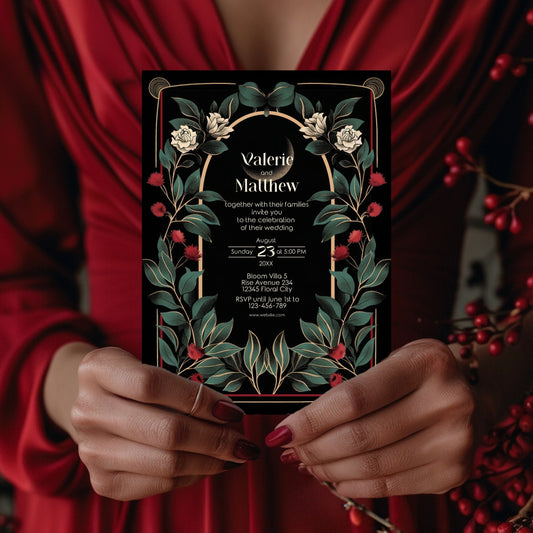 Gothic Art Deco Wedding Invitation - Black and Gold with Moon and Red Floral Accents