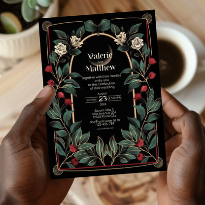 Gothic Art Deco Wedding Invitation - Black and Gold with Moon and Red Floral Accents