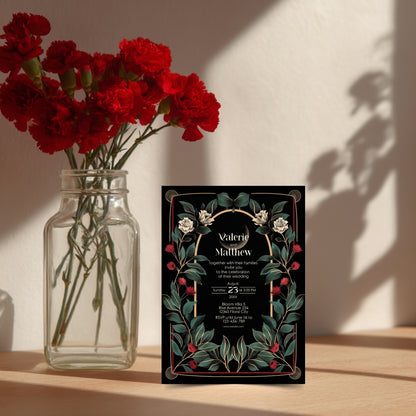 Gothic Art Deco Wedding Invitation - Black and Gold with Moon and Red Floral Accents