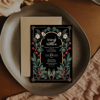 Gothic Art Deco Wedding Invitation - Black and Gold with Moon and Red Floral Accents