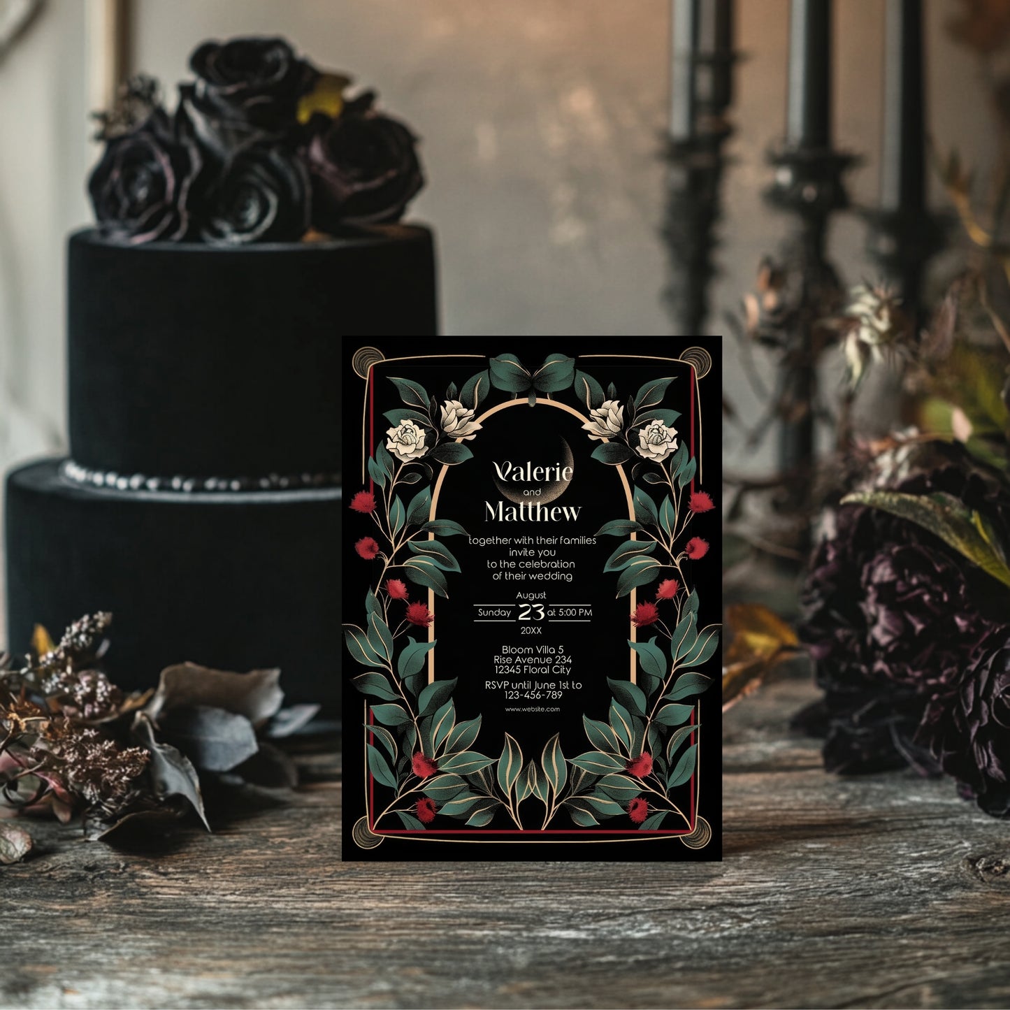 Gothic Art Deco Wedding Invitation - Black and Gold with Moon and Red Floral Accents