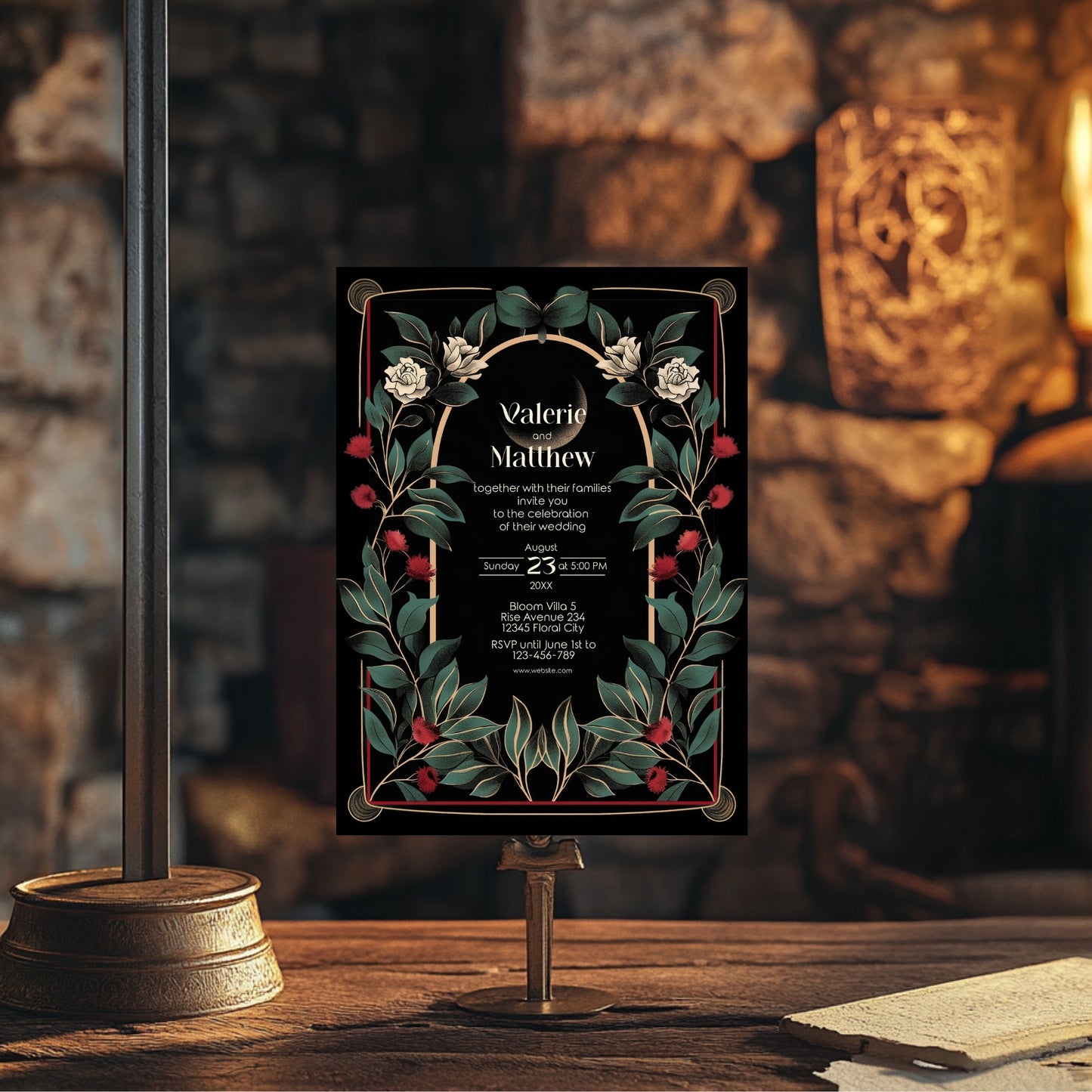 Gothic Art Deco Wedding Invitation - Black and Gold with Moon and Red Floral Accents