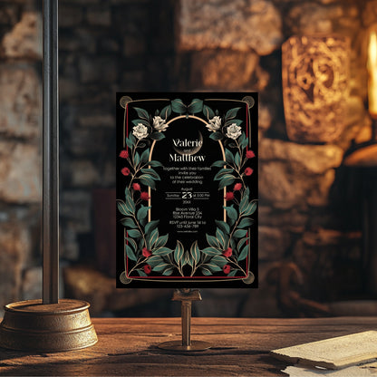 Gothic Art Deco Wedding Invitation - Black and Gold with Moon and Red Floral Accents