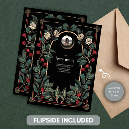 Gothic Art Deco Wedding Invitation - Black and Gold with Moon and Red Floral Accents