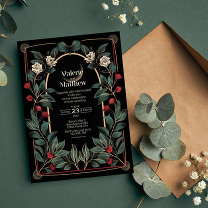 Gothic Art Deco Wedding Invitation - Black and Gold with Moon and Red Floral Accents