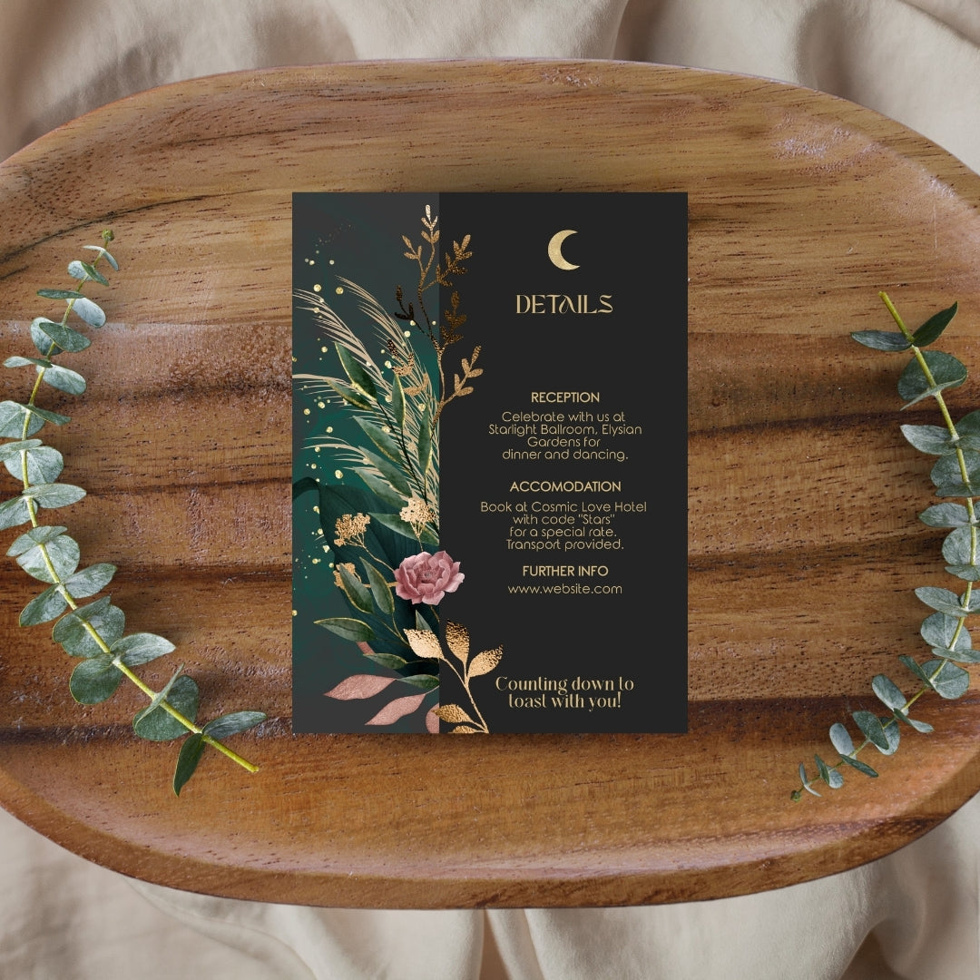 Green Celestial Floral Garden Wedding Invitation Set - 5x7 Invitation, 4.5x6.25 Details, 3.5.x5 RSVP