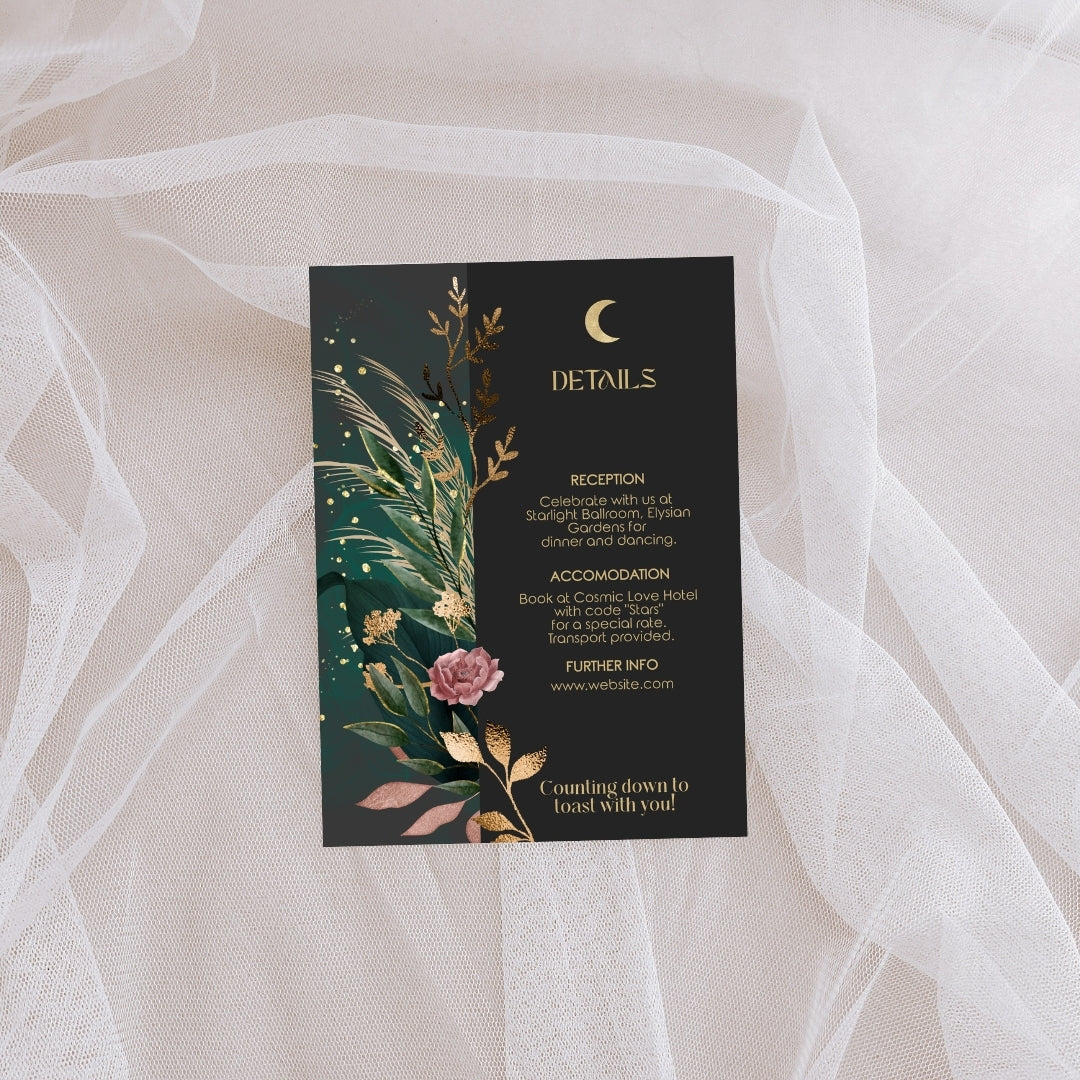 Green Celestial Floral Garden Wedding Invitation Set - 5x7 Invitation, 4.5x6.25 Details, 3.5.x5 RSVP