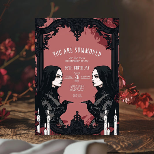 Gothic Raven and Victorian Witch Birthday Party Invitation