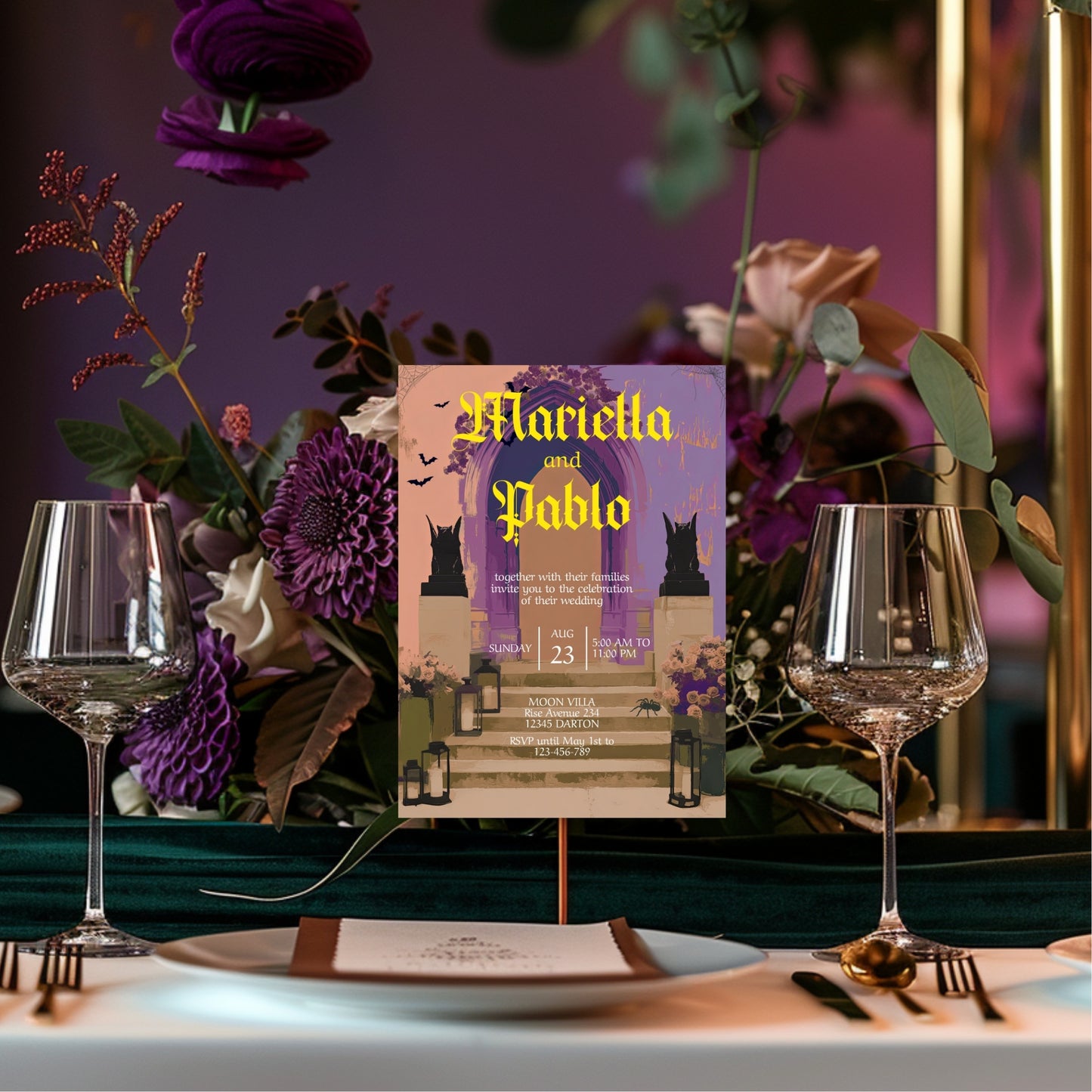 Gothic Wedding Invitation - Colorful Moody Design with Bats, Gargoyles & Roses