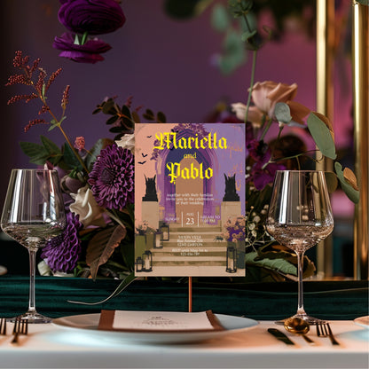 Gothic Wedding Invitation - Colorful Moody Design with Bats, Gargoyles & Roses