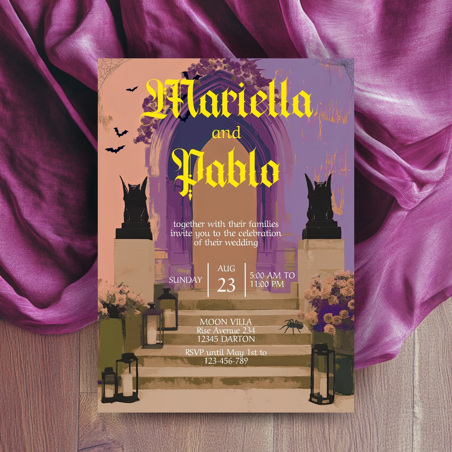 Gothic Wedding Invitation - Colorful Moody Design with Bats, Gargoyles & Roses