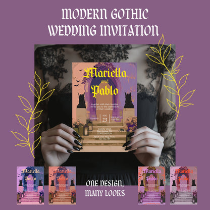 Gothic Wedding Invitation - Colorful Moody Design with Bats, Gargoyles & Roses