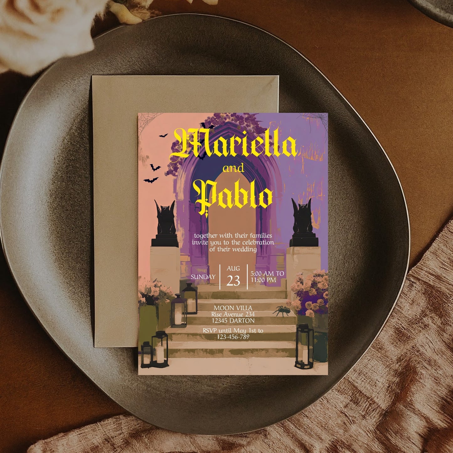 Gothic Wedding Invitation - Colorful Moody Design with Bats, Gargoyles & Roses