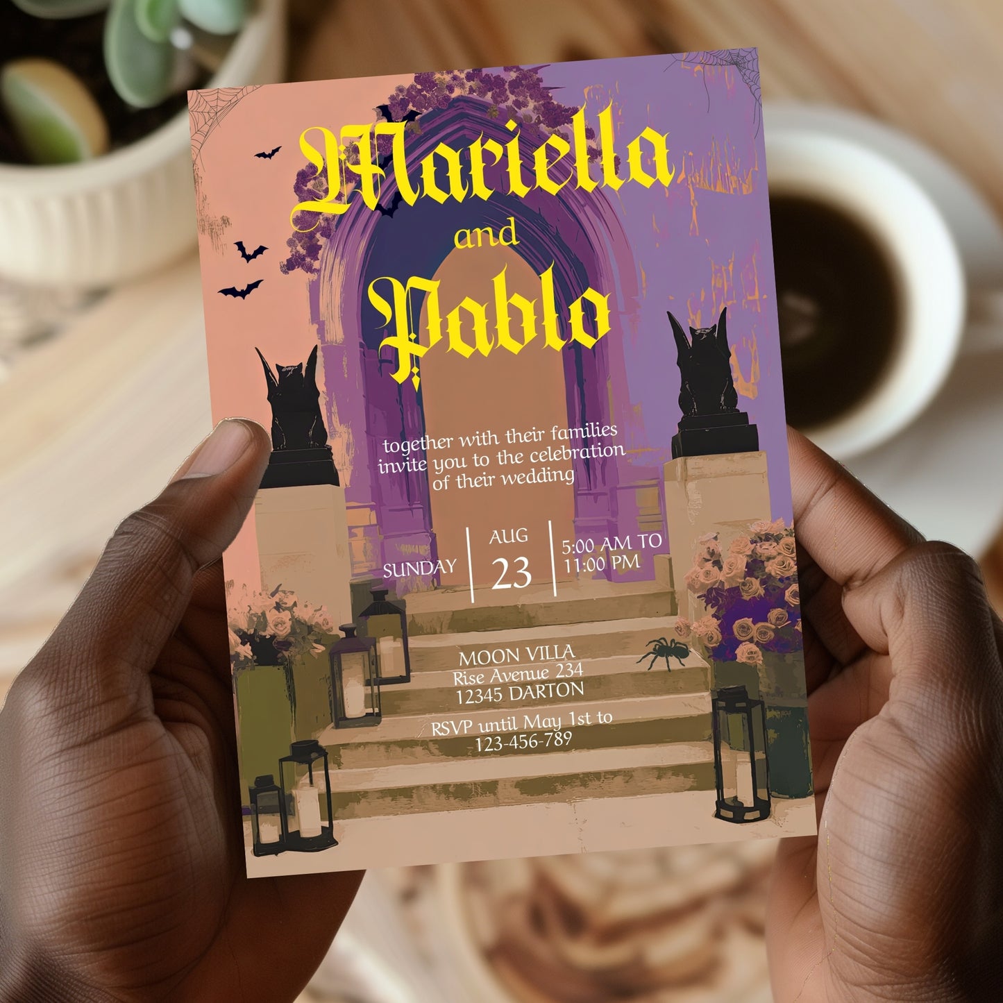 Gothic Wedding Invitation - Colorful Moody Design with Bats, Gargoyles & Roses