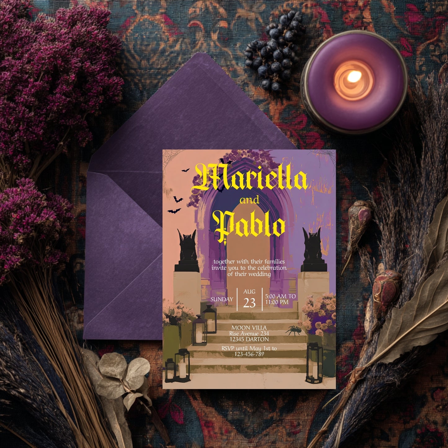 Gothic Wedding Invitation - Colorful Moody Design with Bats, Gargoyles & Roses