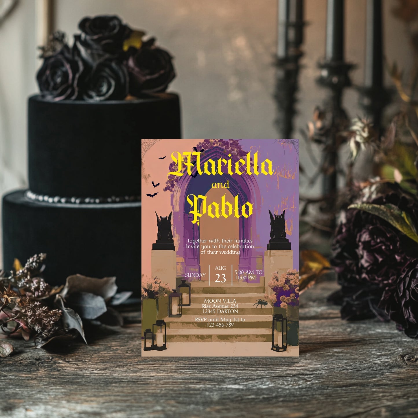 Gothic Wedding Invitation - Colorful Moody Design with Bats, Gargoyles & Roses