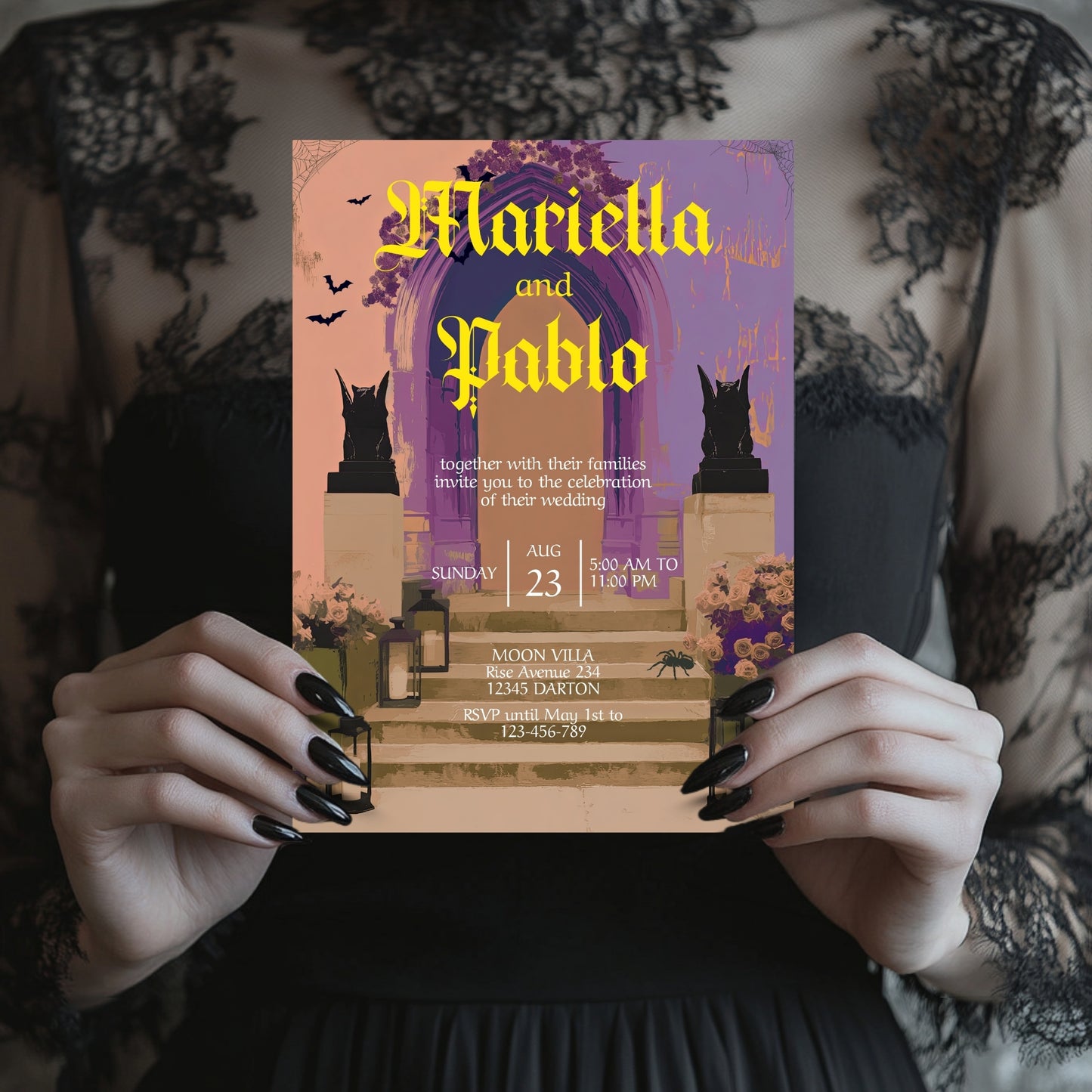 Gothic Wedding Invitation - Colorful Moody Design with Bats, Gargoyles & Roses