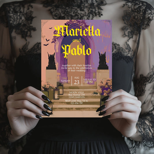Gothic Wedding Invitation - Colorful Moody Design with Bats, Gargoyles & Roses