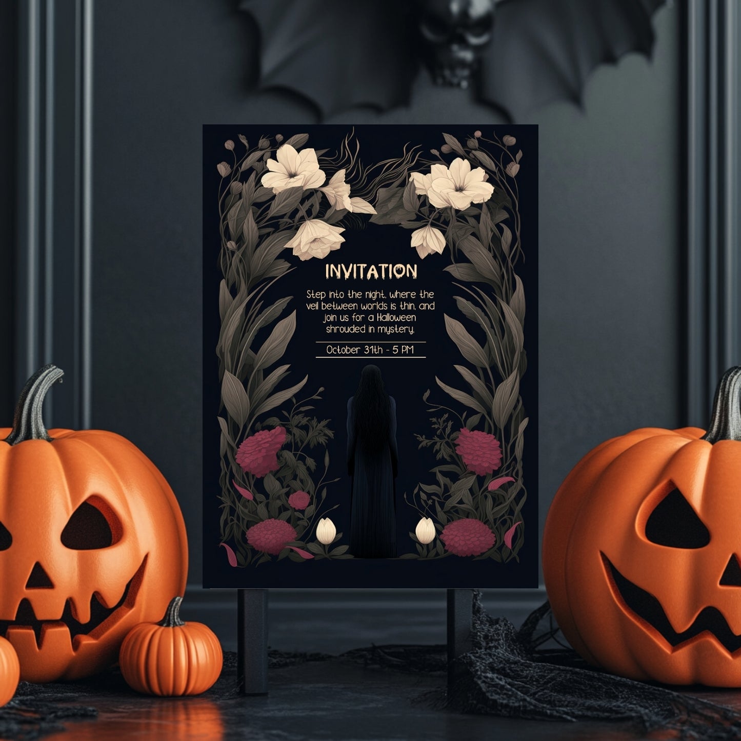 Gothic Romantic Halloween Invitation - Dark Floral and Mysterious Woman Design