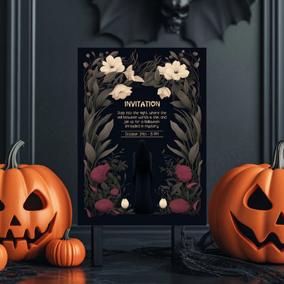 Gothic Romantic Halloween Invitation - Dark Floral and Mysterious Woman Design