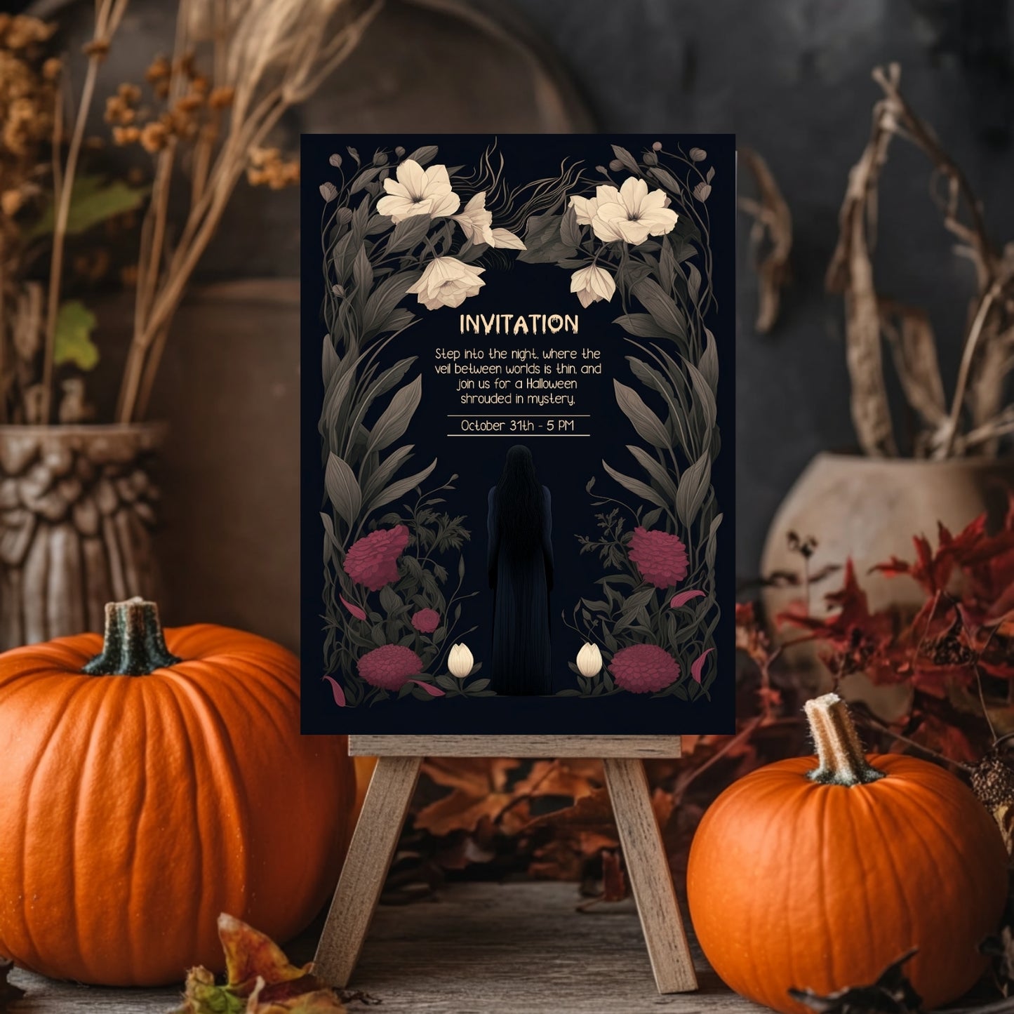 Gothic Romantic Halloween Invitation - Dark Floral and Mysterious Woman Design