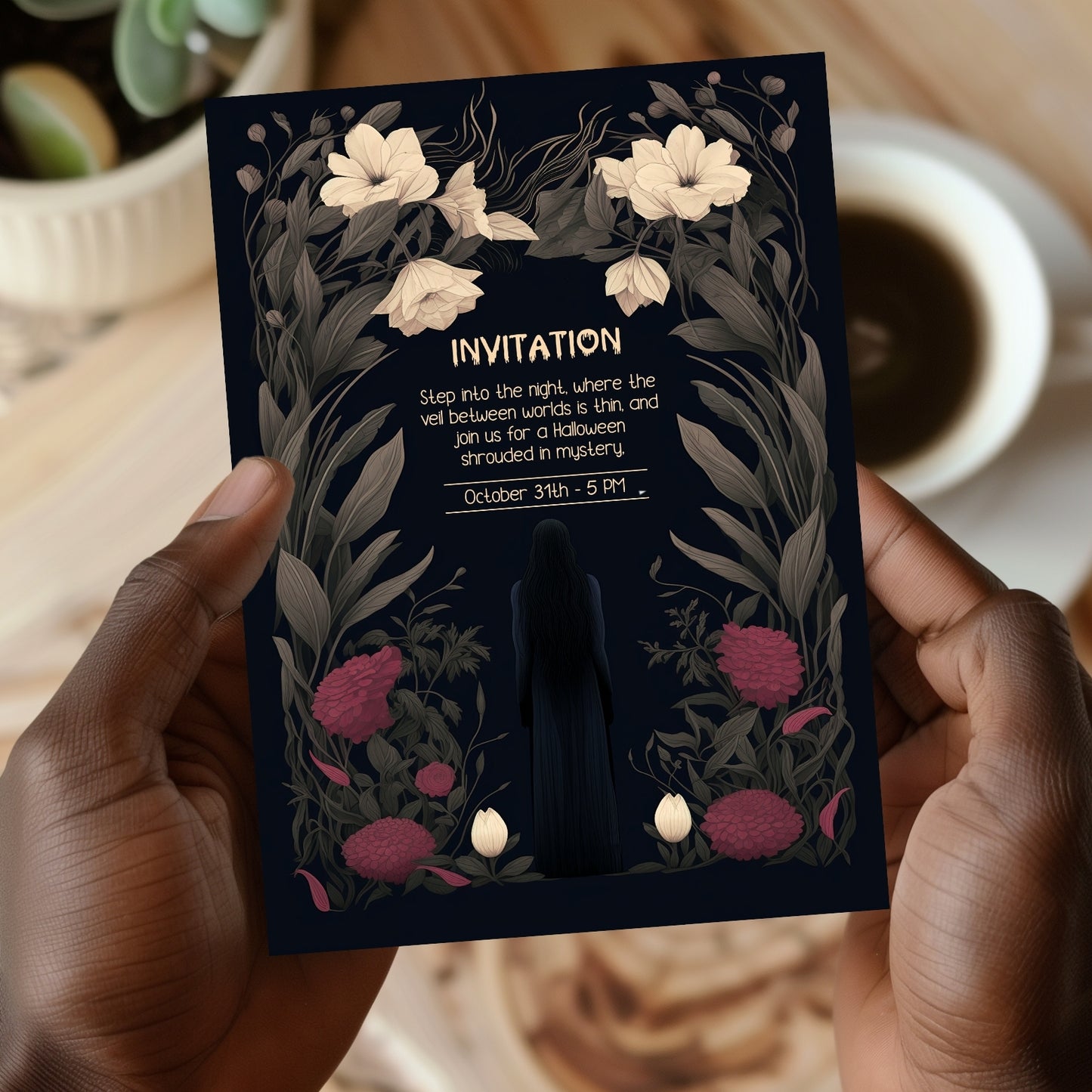 Gothic Romantic Halloween Invitation - Dark Floral and Mysterious Woman Design