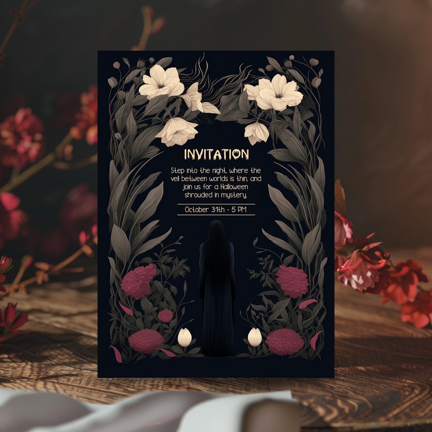 Gothic Romantic Halloween Invitation - Dark Floral and Mysterious Woman Design