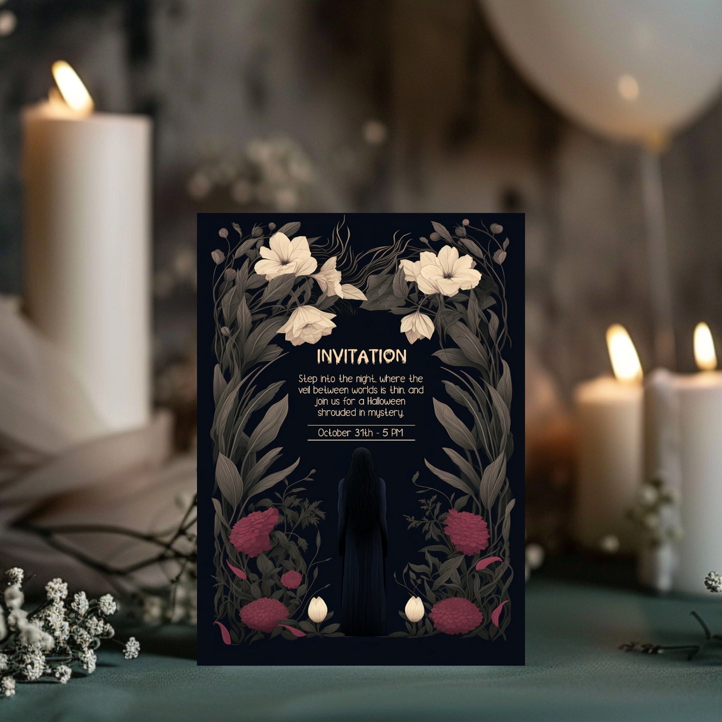 Gothic Romantic Halloween Invitation - Dark Floral and Mysterious Woman Design