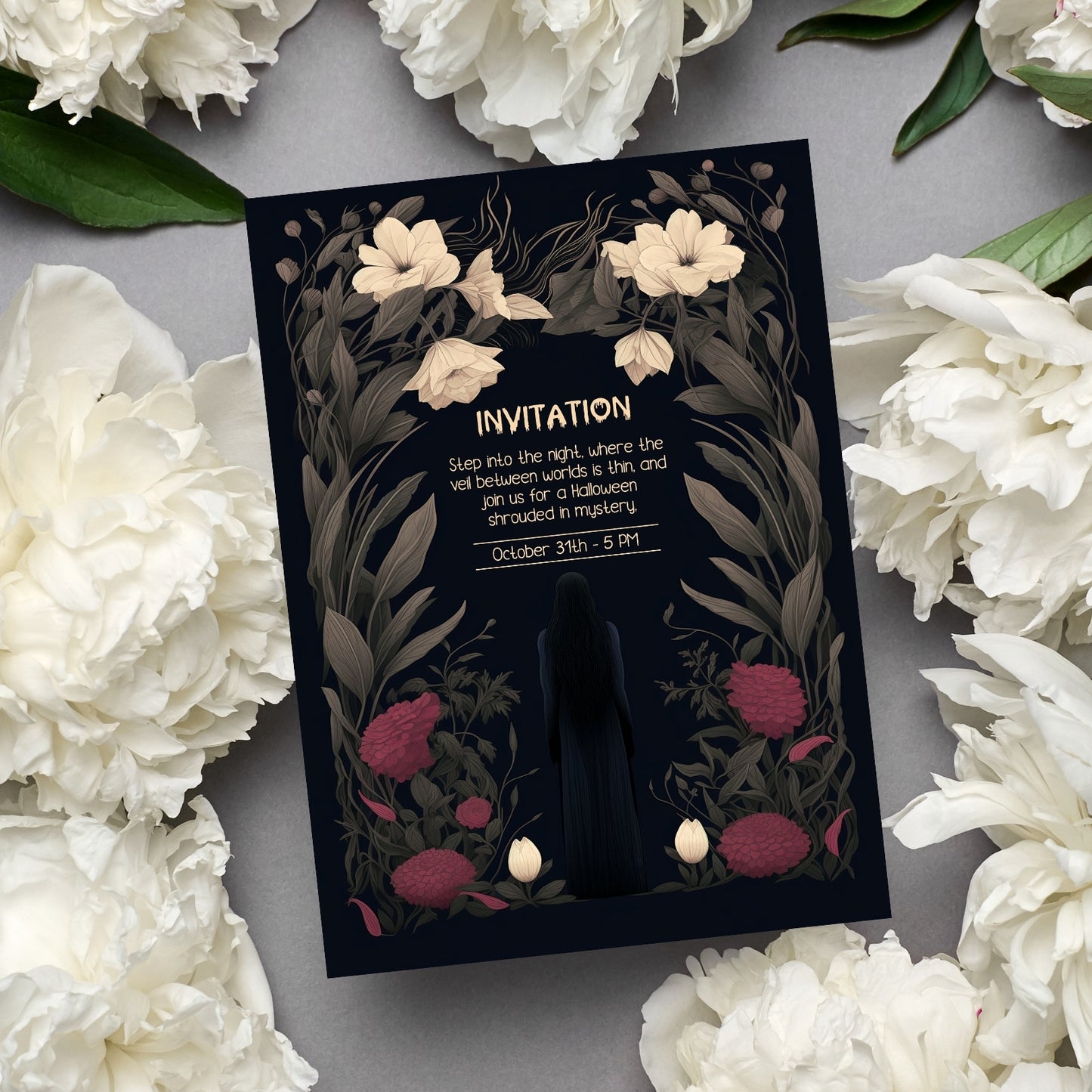 Gothic Romantic Halloween Invitation - Dark Floral and Mysterious Woman Design