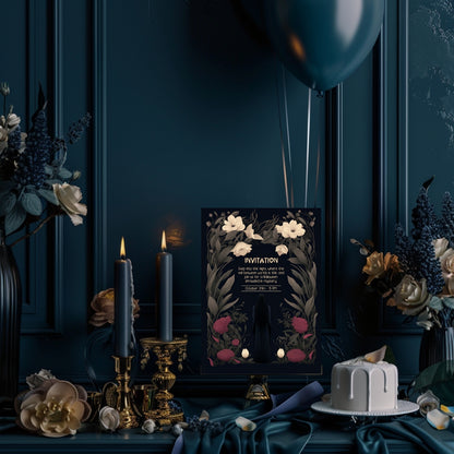 Gothic Romantic Halloween Invitation - Dark Floral and Mysterious Woman Design