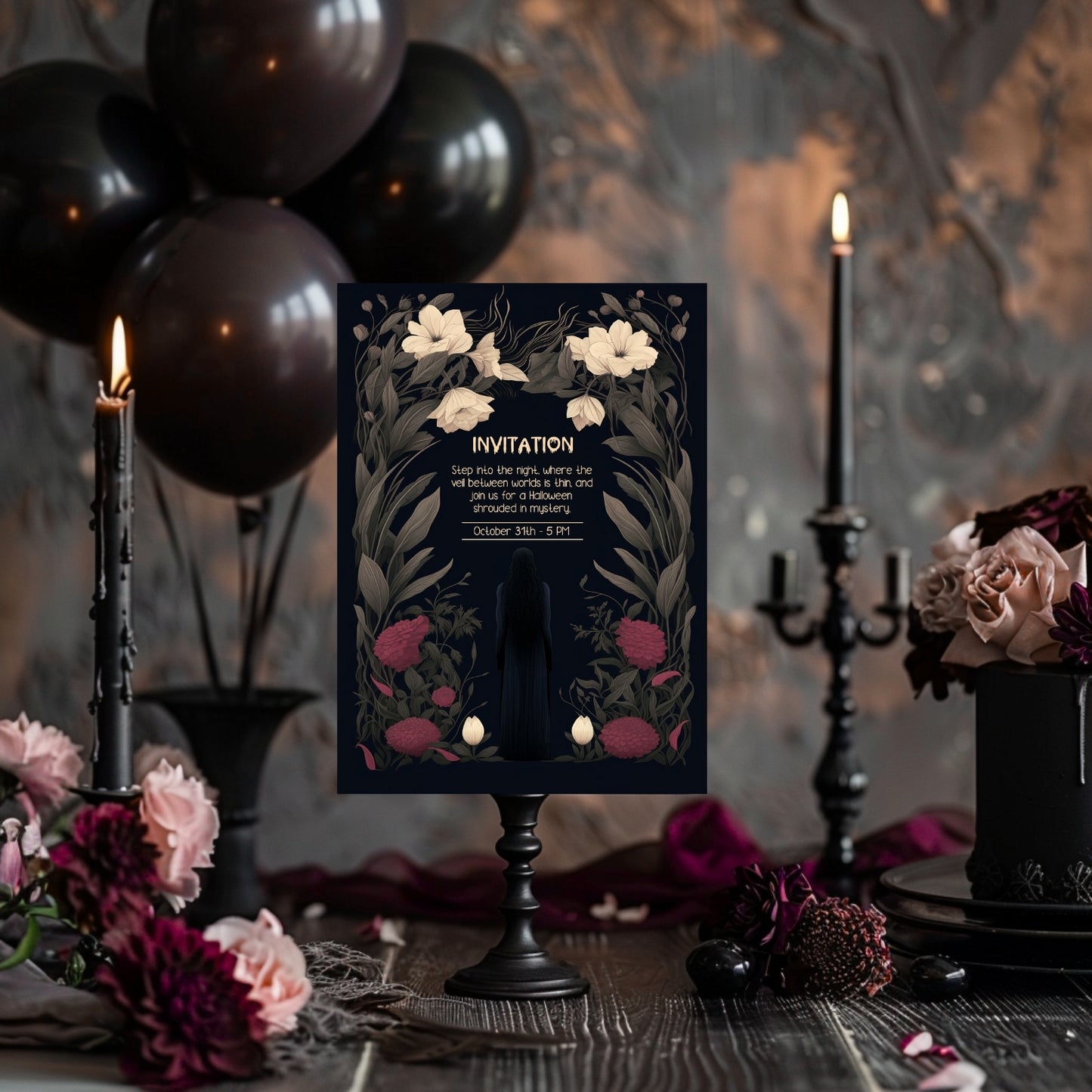 Gothic Romantic Halloween Invitation - Dark Floral and Mysterious Woman Design