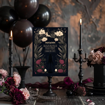 Gothic Romantic Halloween Invitation - Dark Floral and Mysterious Woman Design