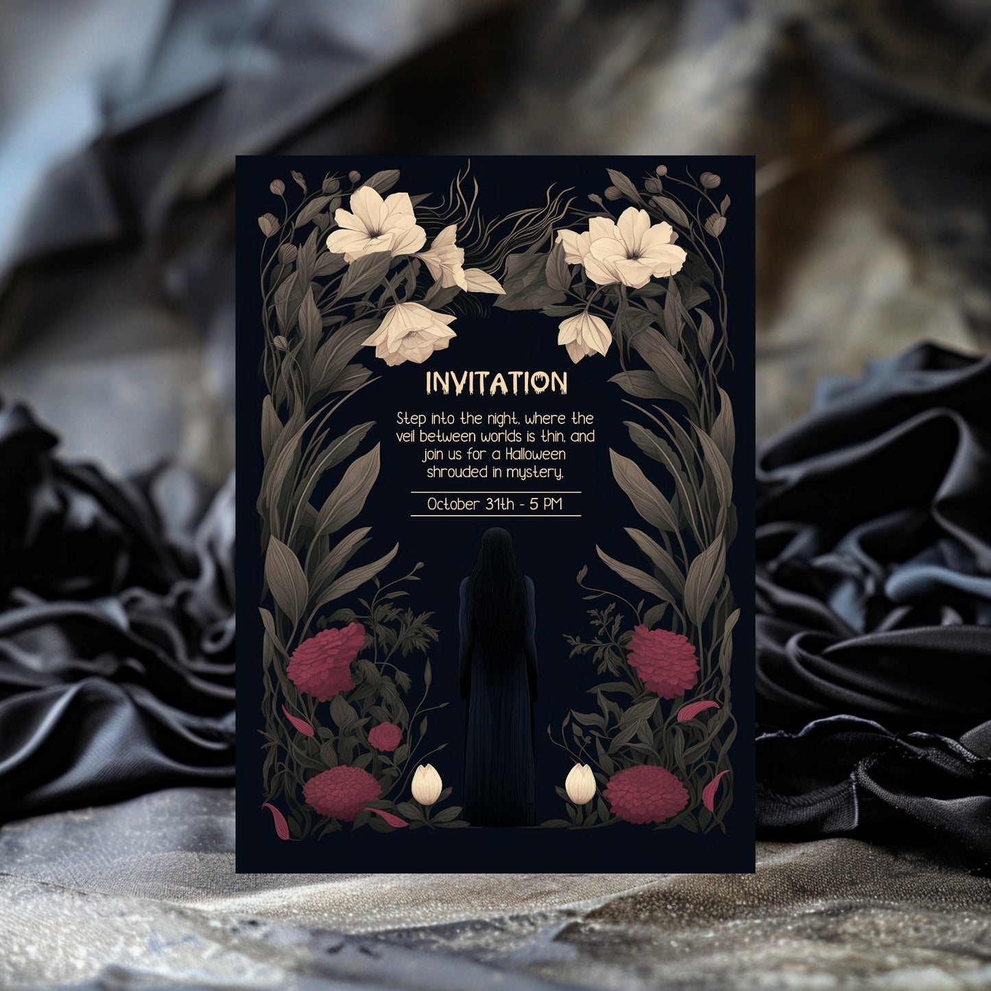 Gothic Romantic Halloween Invitation - Dark Floral and Mysterious Woman Design