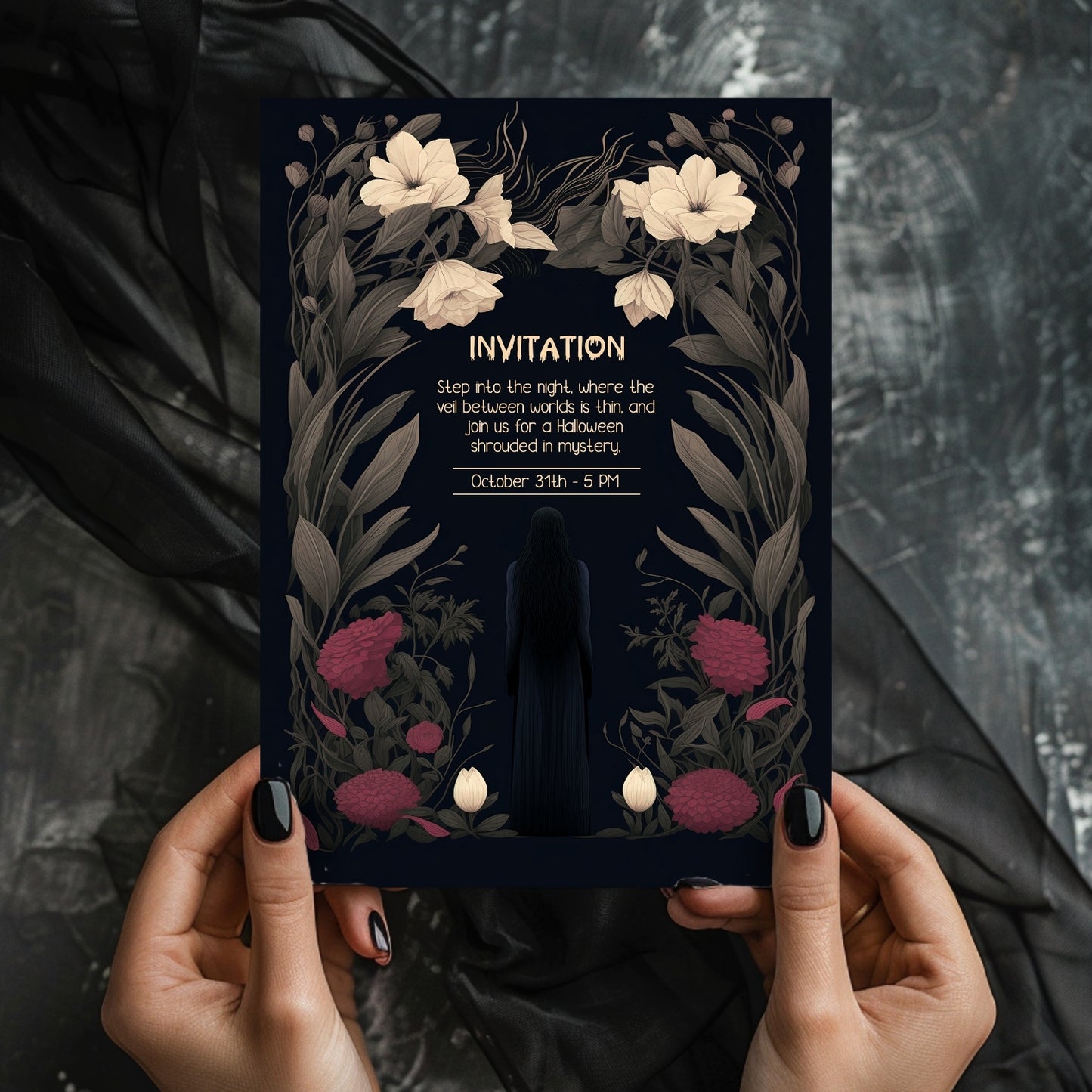 Gothic Romantic Halloween Invitation - Dark Floral and Mysterious Woman Design