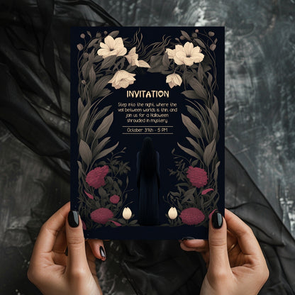 Gothic Romantic Halloween Invitation - Dark Floral and Mysterious Woman Design