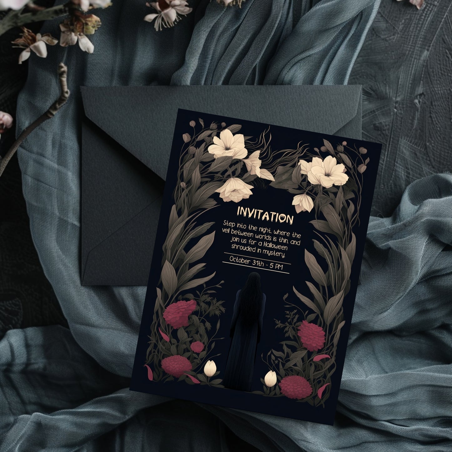 Gothic Romantic Halloween Invitation - Dark Floral and Mysterious Woman Design