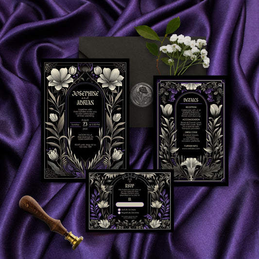Gothic Art Nouveau Wedding Invitation Set - With Invite, Details & RSVP Card