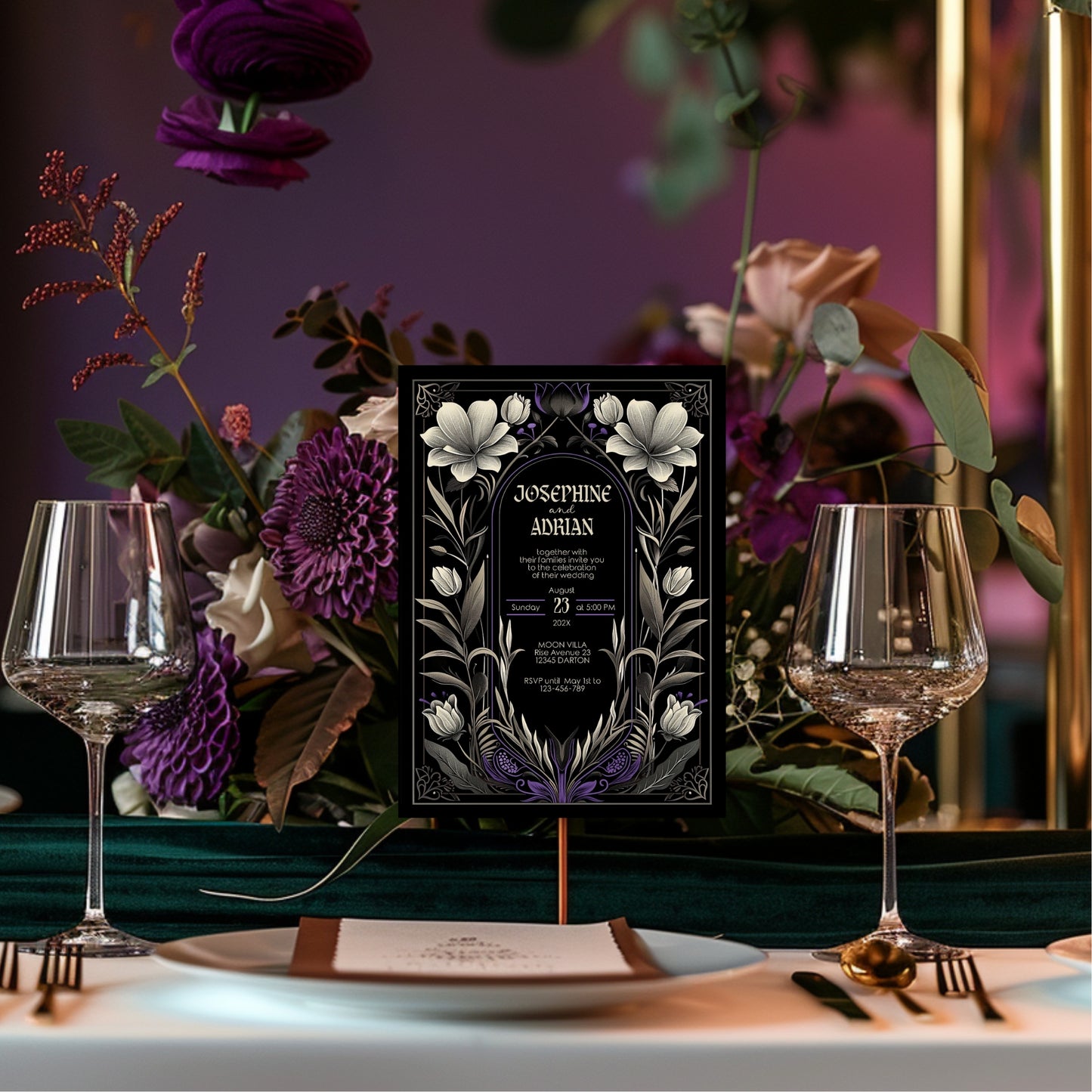Gothic Art Nouveau Wedding Invitation Set - With Invite, Details & RSVP Card