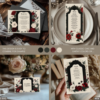 Wedding invitation stationary with burgundy flowers on a textured surface with candles and flowers.