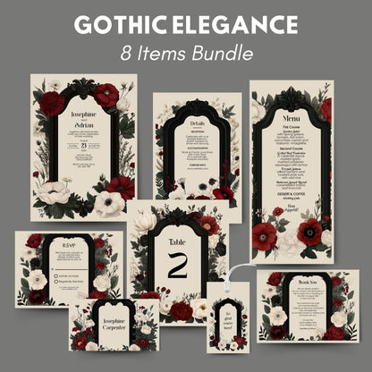 Gothic elegance wedding invitation set with floral designs on a gray background