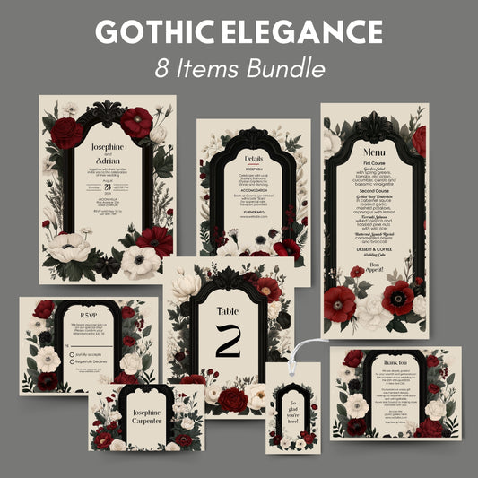 Gothic elegance wedding invitation set with floral designs on a gray background