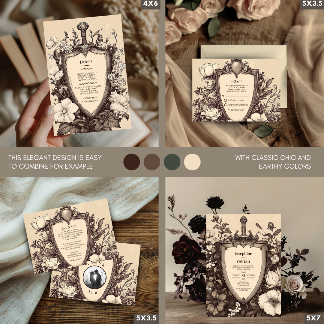 Collage of vintage-style wedding invitations with floral and classical design elements.