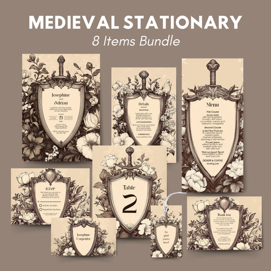 Medieval shield stationery items bundle with floral designs on a beige background