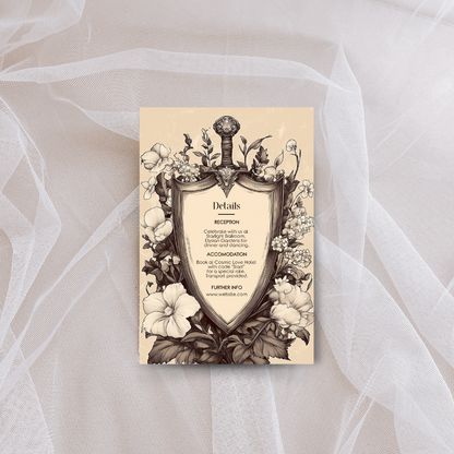 Decorative wedding details card with floral and shield design on a beige background