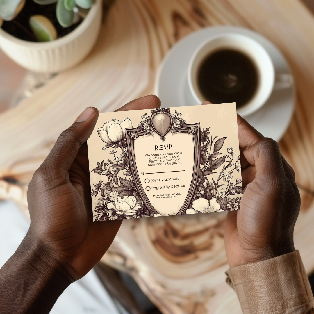 Person holding a vintage wedding RSVP card with medieval shield design against a cup of coffee and saucer in the background